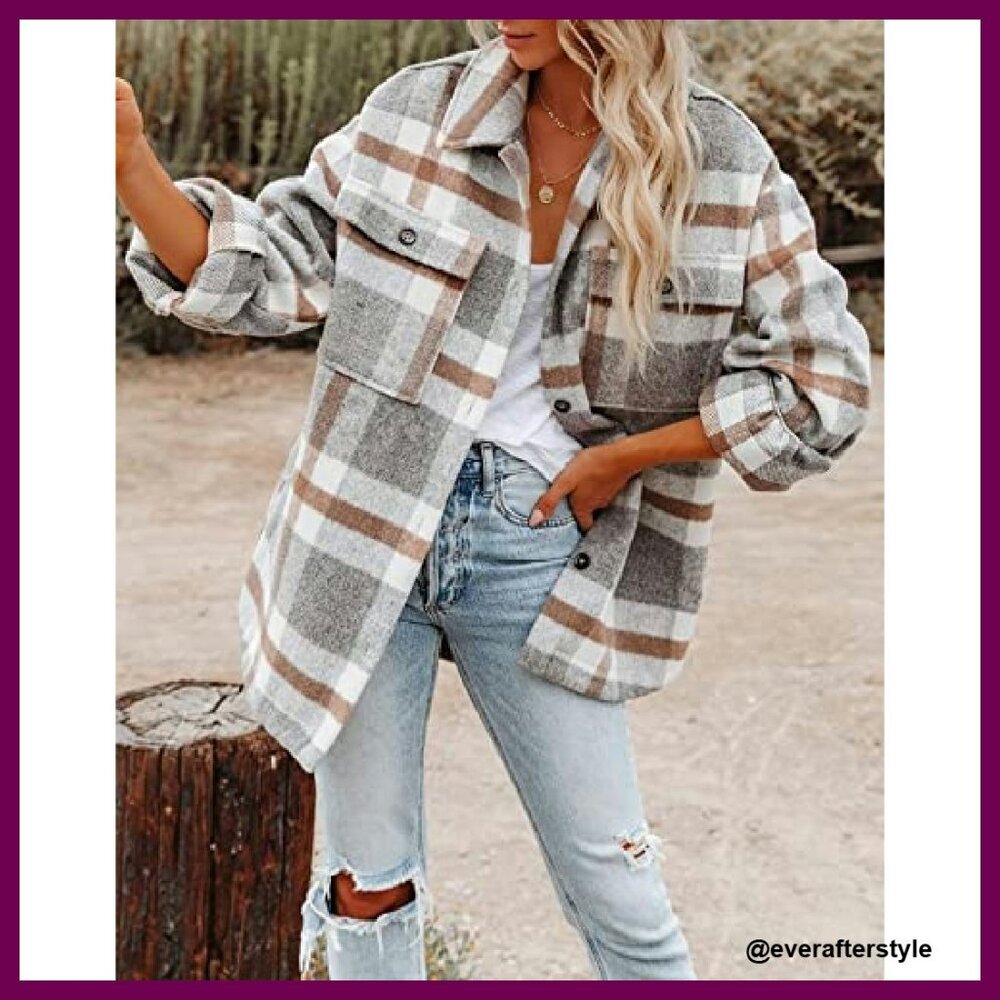 Oversized Flannel Shacket Button Down Plaid Long Sleeve Chic Casual Y2K - Picture 4 of 7
